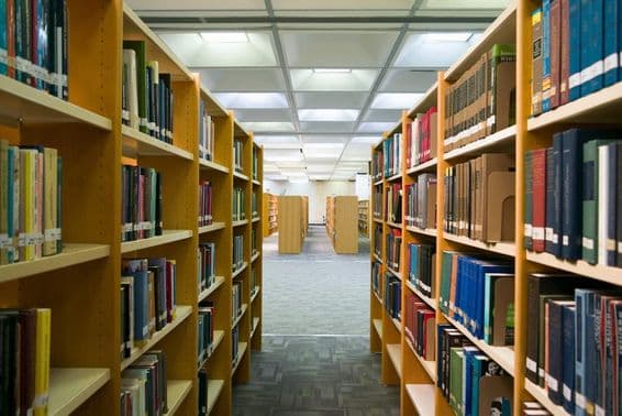 Egy könyvtár látható, polcokkal amin könyvek vannak.