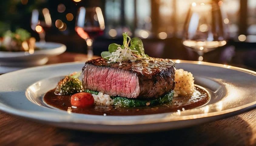 Egy medium steak gyönyörű tálalással.