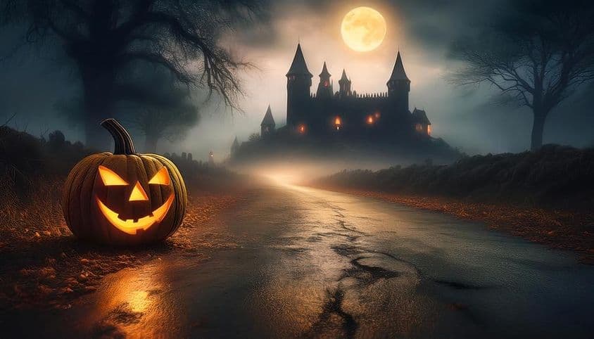 Egy Halloweeni éjszaka, egy kifaragott világító tök, a háttérben egy kísértetkastély.