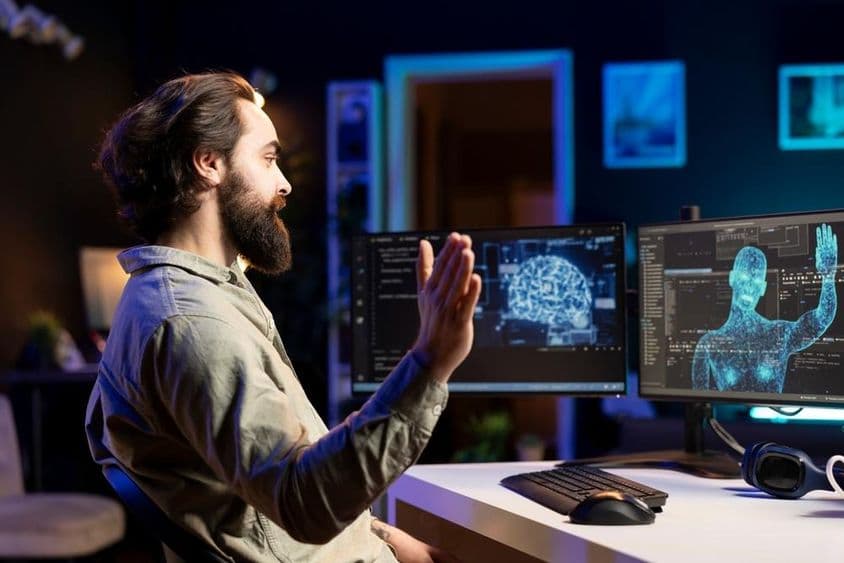 Egy fejlesztő aki AL programot ír épp köszön egy emberi sziluettnek ami a monitoron megjelenik.