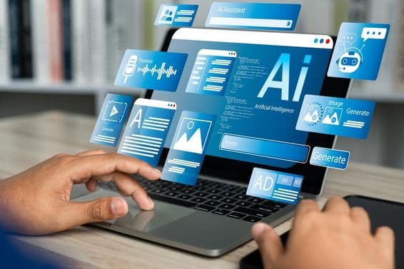 Egy notebook látható a touch padon egy emberi kéz dolgozik, hologramként kivetítve az Ai.