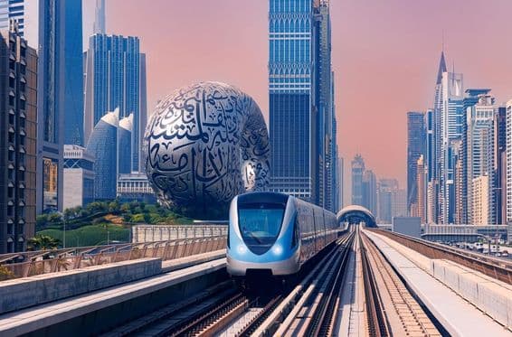 Dubai metro mögötte a jövő múzeum és a felhőkarcolok.