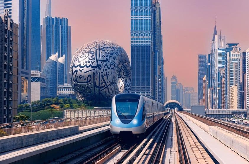 Dubai metró háttérben a jövő múzeum.