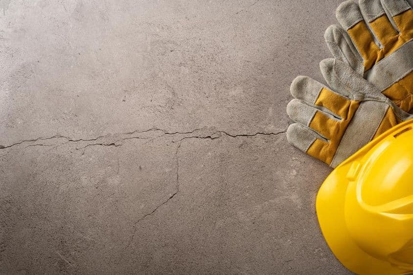 Pihenőidő, sárga sisakot és munkakesztyűt helyezve egy repedezett betonfelületre.