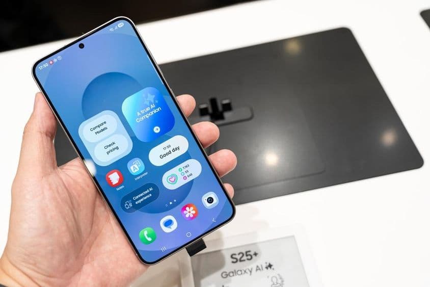 Samsung Galaxy S25+ kézben tartva az üzletben.