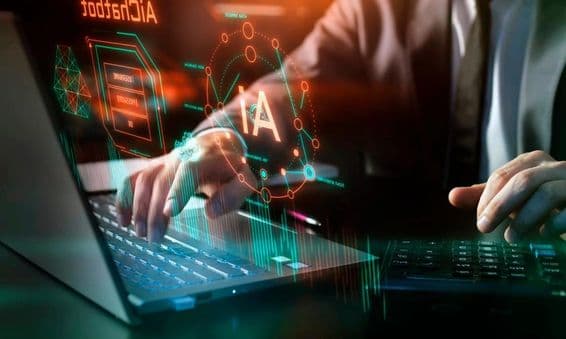 AI technológia, mesterséges intelligencia a munkahelyen, grafika és digitális elemek.