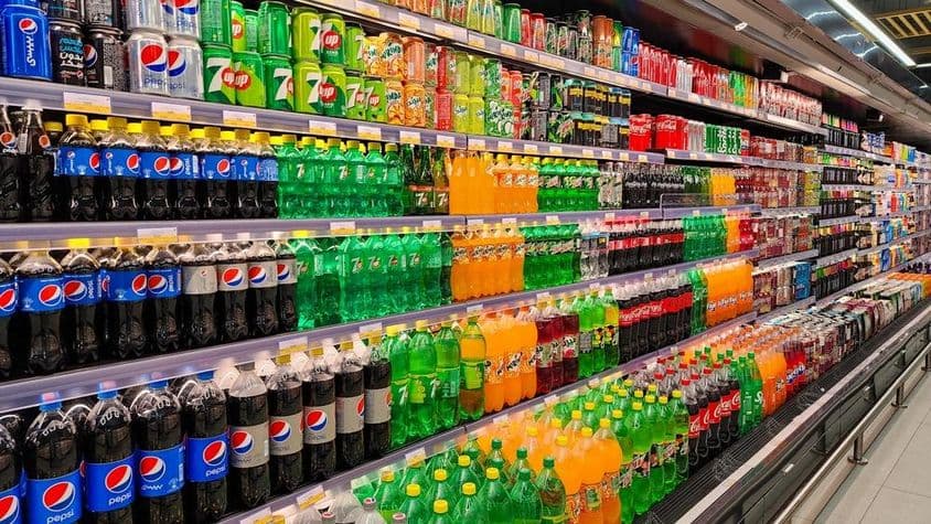 Különféle szénsavas üdítőitalok eladók a hipermarket polcán Dubaiban.