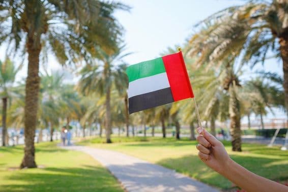 Egyesült Arab Emírségek apró zászlaját tartó női kezéről Abu Dhabi parkjában.