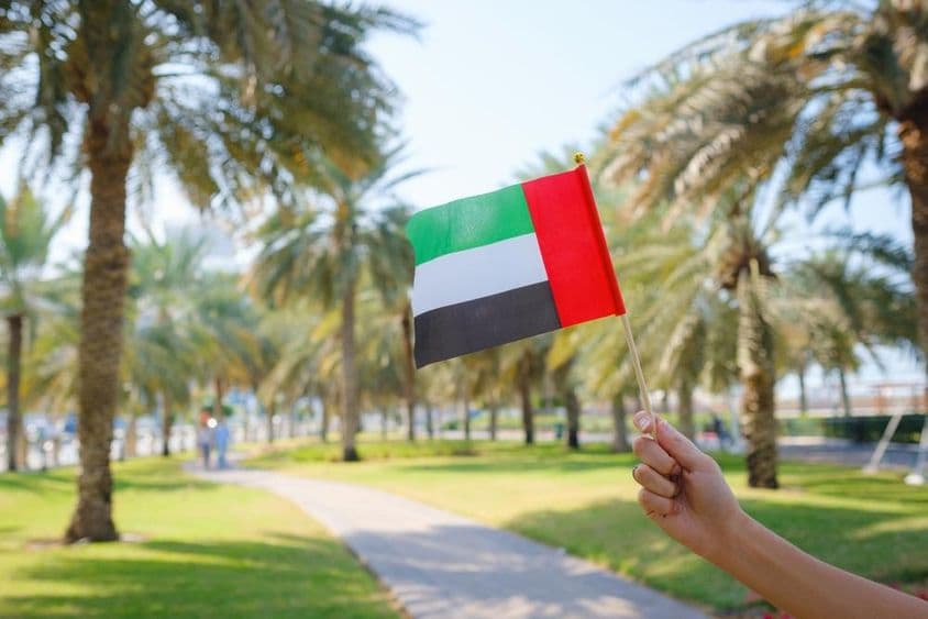 Egyesült Arab Emírségek apró zászlaját tartó női kezéről Abu Dhabi parkjában.