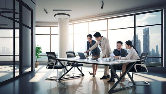 Üzletemberek az irodában megbeszélik a munkát.