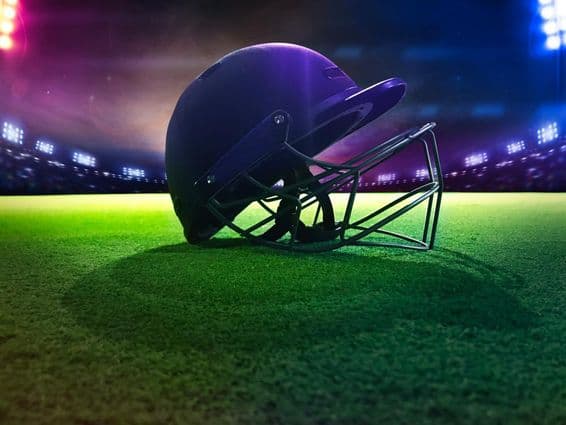 Krikett sisak lentről zöld füvön.