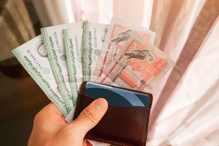 Dirham készpénz-bankjegyek a kezében pénztárcával.