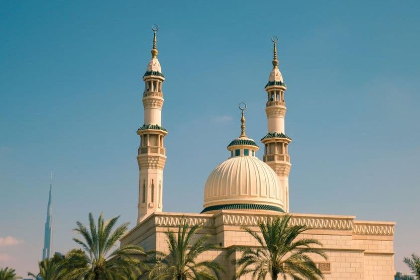 A pálmafákkal körülvett Jumeirah mecset a napfényben, Dubaiban.