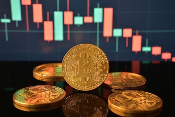 Egy halom arany Bitcoin érme.