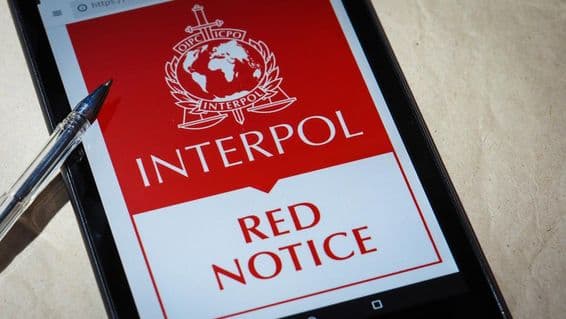 Az Interpol vörös közleménye a mobiltelefon képernyőjén.