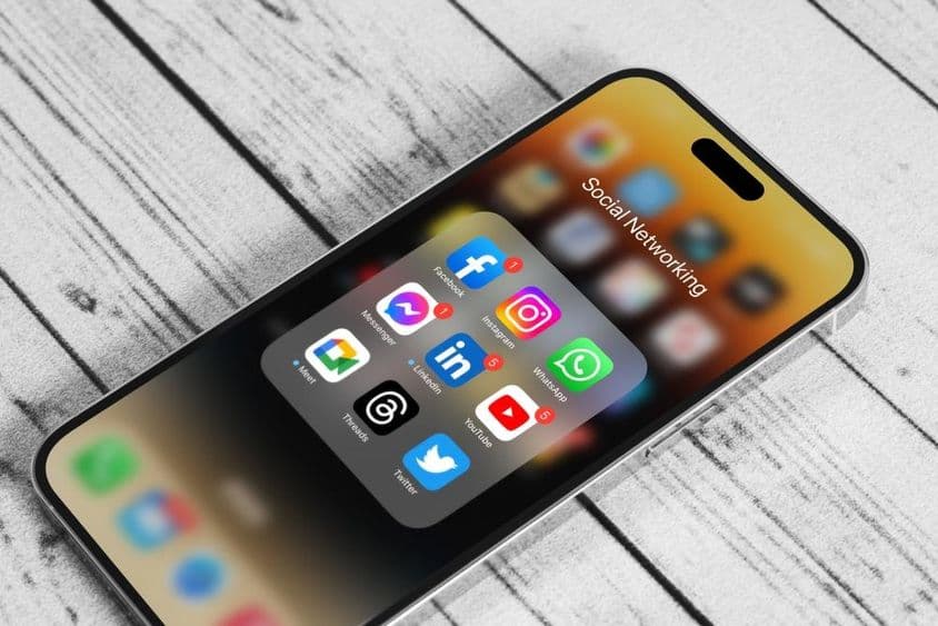 Közösségi média alkalmazás logó ikonok egy Apple iPhone 14 Pro Max telefonon.