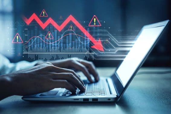 Piaci grafikon, riasztási szimbólumok és negatív adattrendek.
