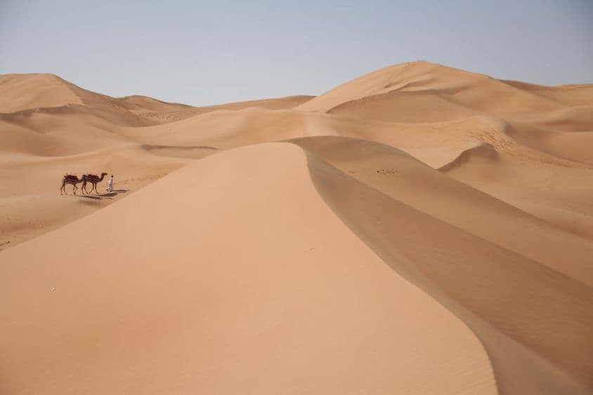 Tevék a sivatagban Dubaiban.