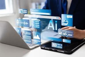 Férfi laptopot használ mesterséges intelligencia eszközök eléréséhez.