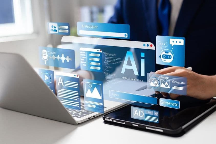 Férfi laptopot használ mesterséges intelligencia eszközök eléréséhez.