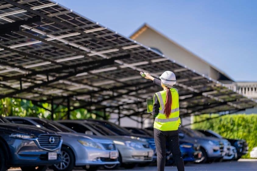 A napelemek árnyékot és fenntartható energiát biztosítanak.