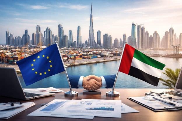 EU–UAE kézfogás Dubai kikötőjénél: új kereskedelmi korszak kezdete.