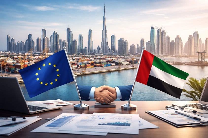 EU–UAE kézfogás Dubai kikötőjénél: új kereskedelmi korszak kezdete.
