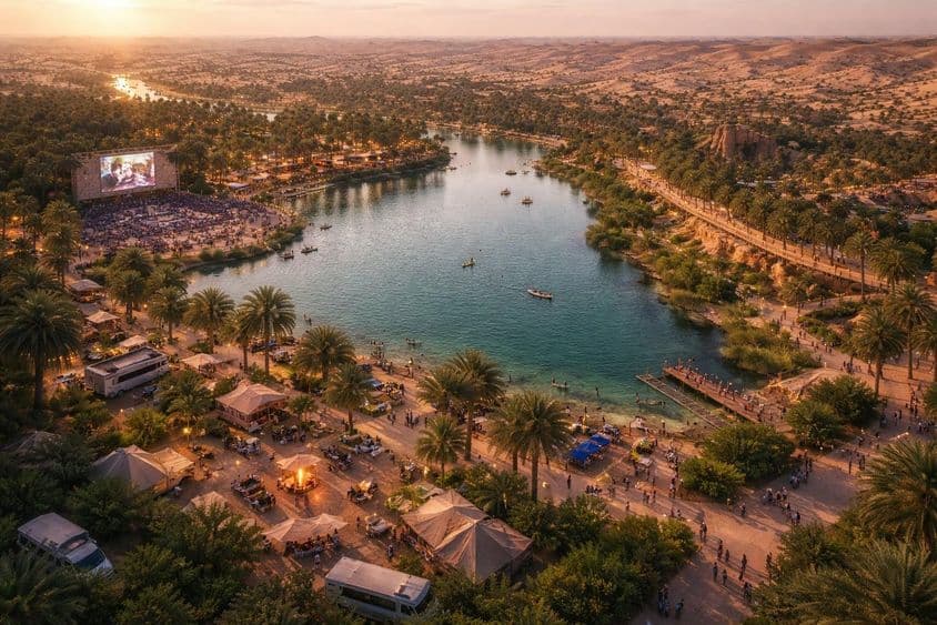 Al Layan sivatagi oázis panoráma.