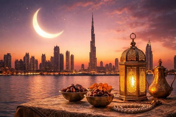 Ramadáni naplemente Dubai hátterében.